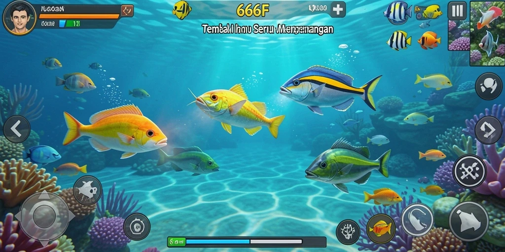 Tampilan gameplay seru di 666F, tembak ikan dengan berbagai senjata.