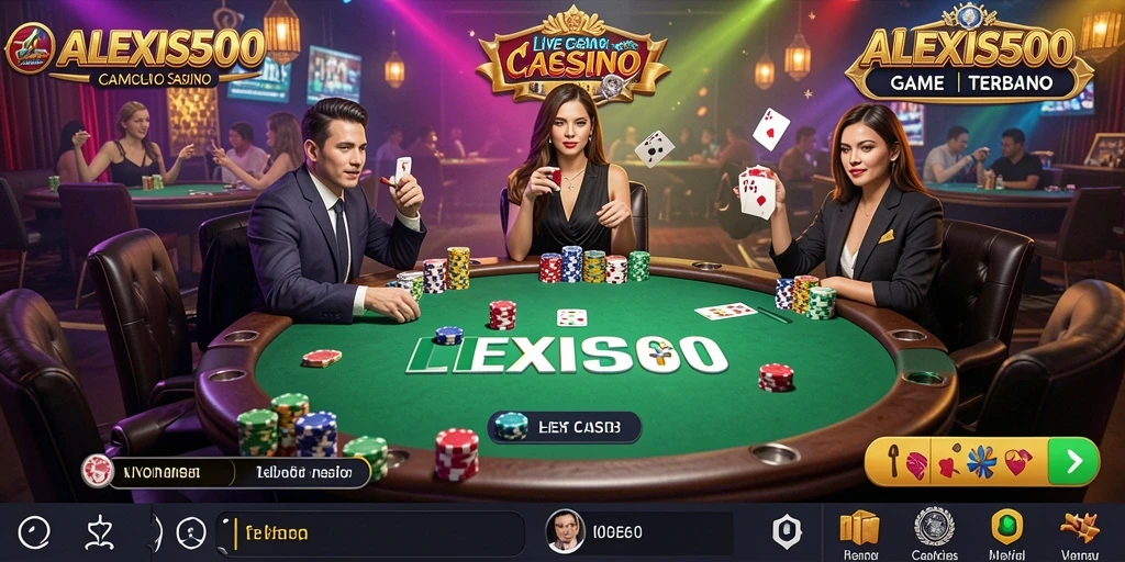 Screenshot ALEXIS500 menampilkan dealer live dalam permainan kasino yang menarik.