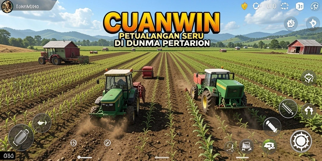 Tangkapan layar gameplay CUANWIN menampilkan ladang yang subur dan hewan ternak.