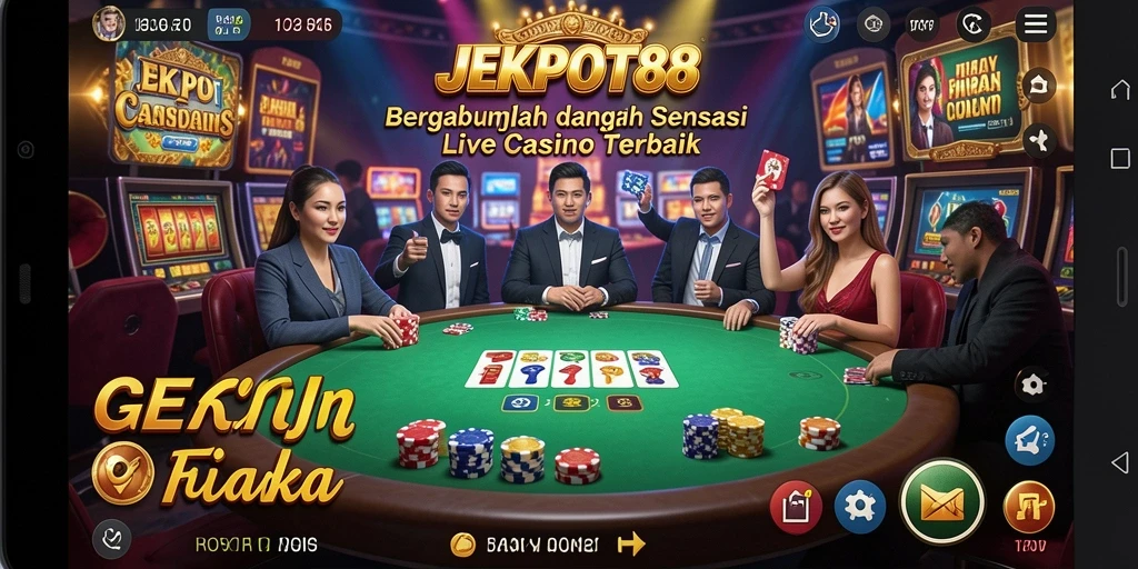Screenshot utama JEKPOT88 menampilkan dealer cantik yang siap melayani permainan Live Casino.
