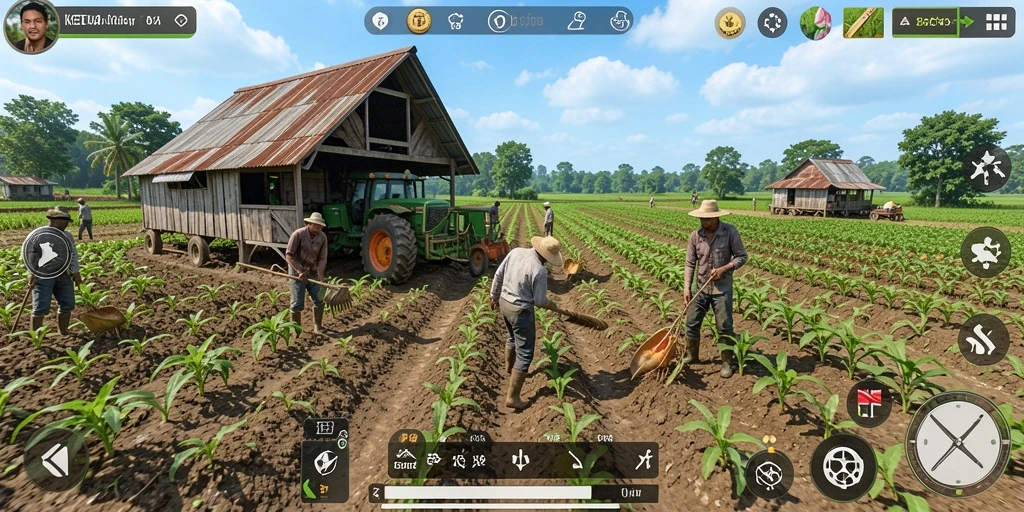 Gameplay KETUA dengan berbagai tanaman dan hewan ternak.