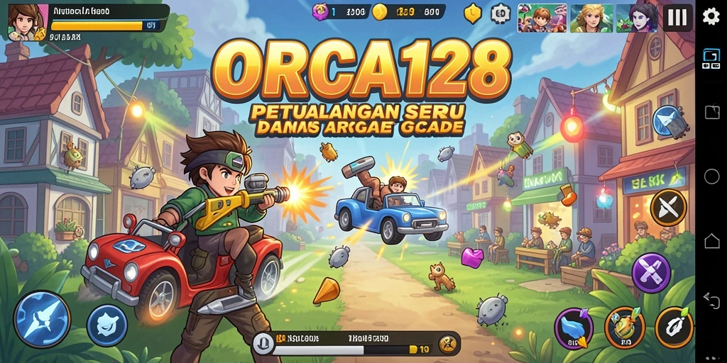 Tangkapan layar permainan ORCA128 menampilkan aksi seru dalam level Arcade.