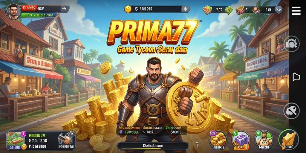 Screenshot dari gameplay Tycoon PRIMA77 menunjukkan aktivitas bisnis yang menyenangkan.